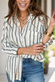 Pocketed Striped Collared Neck Long Sleeve Shirt Trandify Deal