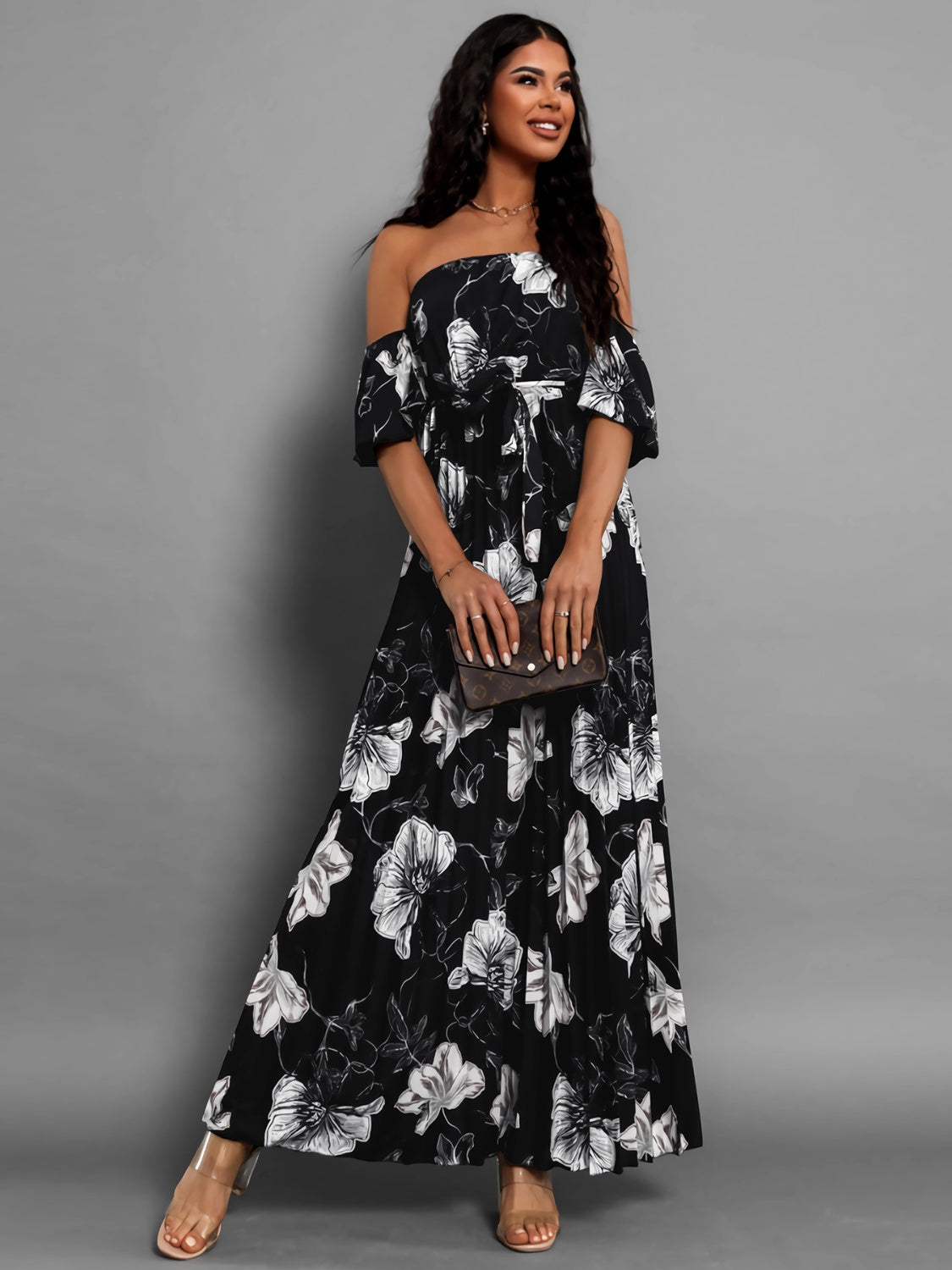 Pleated Floral Off-Shoulder Short Sleeve Midi Dress Trandify deal