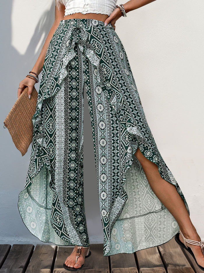 Slit Ruffled Geometric Wide Leg Pants Trandify deal