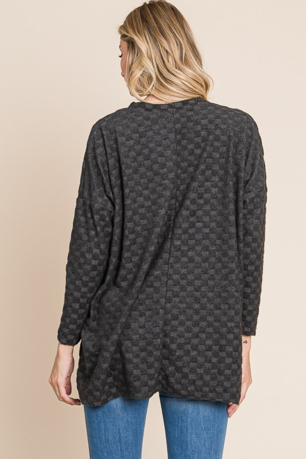 BOMBOM Checkered Long Sleeve V-Neck T-Shirt Trandify Deal