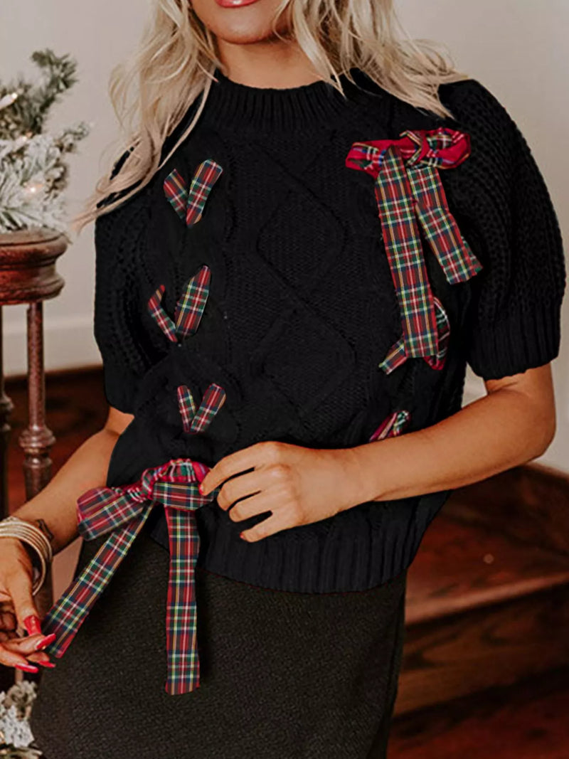 Plaid Bow Cable-Knit Sweater - Short Sleeve Women's Top