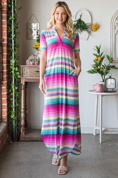 Heimish Plus Size Striped Maxi Dress for Women – Comfortable Short Sleeve Tee Dress – USA Fashion Trend
