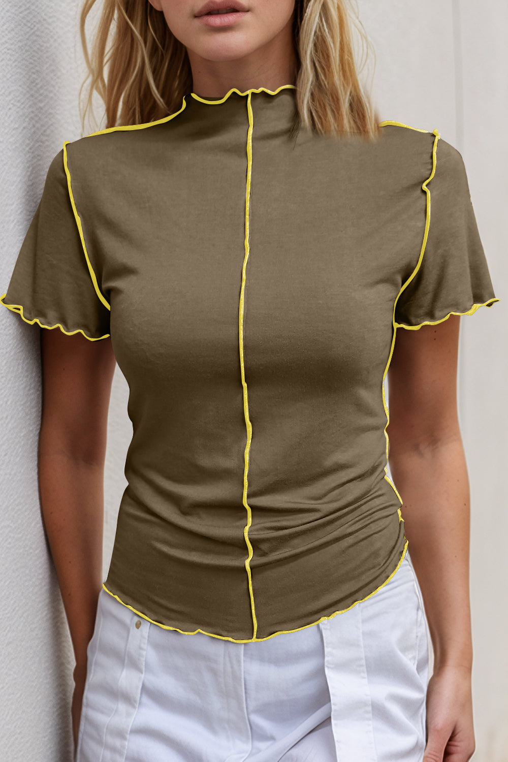 Basic Bae Contrast Trim Mock Neck Short Sleeve T-Shirt - Trandify Deal
