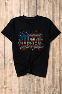 USA Rhinestone Round Neck Short Sleeve T-Shirt - Trandify Deal