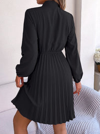 Tie Neck Balloon Sleeve Pleated Dress Trandify deal