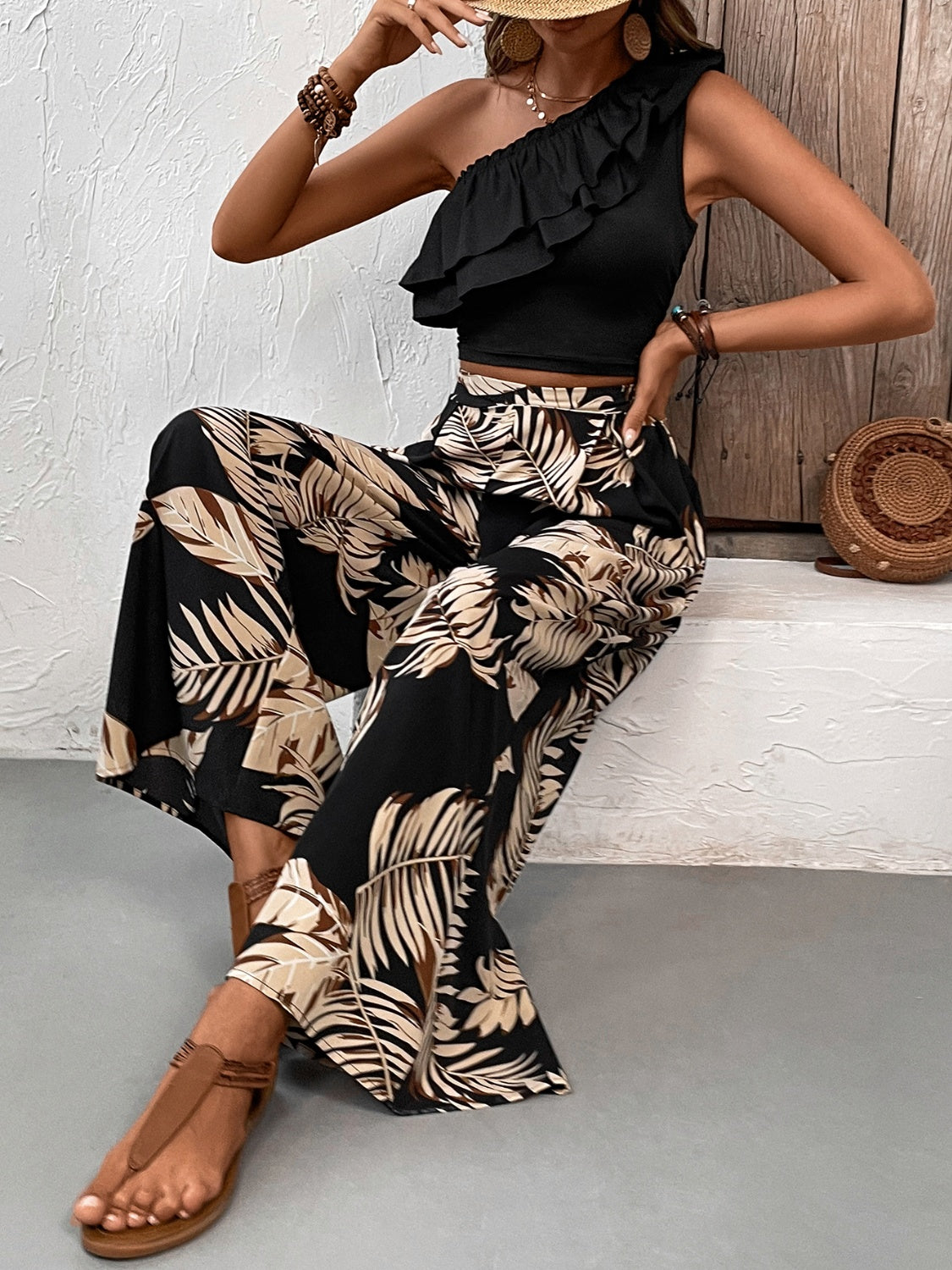 Honey Ruffled Sleeveless Top and Printed Pants Set Trandify deal