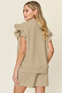 Double Take Full Size Texture Flounce Sleeve Top and Drawstring Shorts Set - Trandify Deal