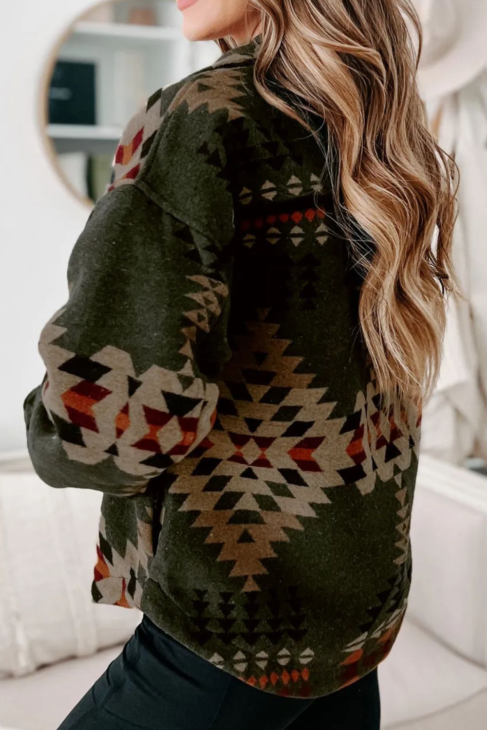Pocketed Geometric Collared Neck Jacket Trandify Deal