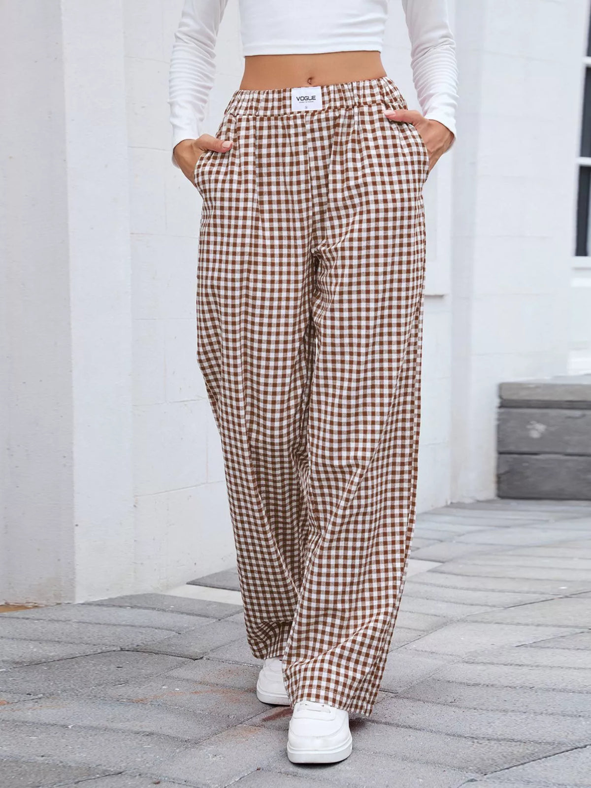 Women's Plaid Wide Leg Cotton Pants