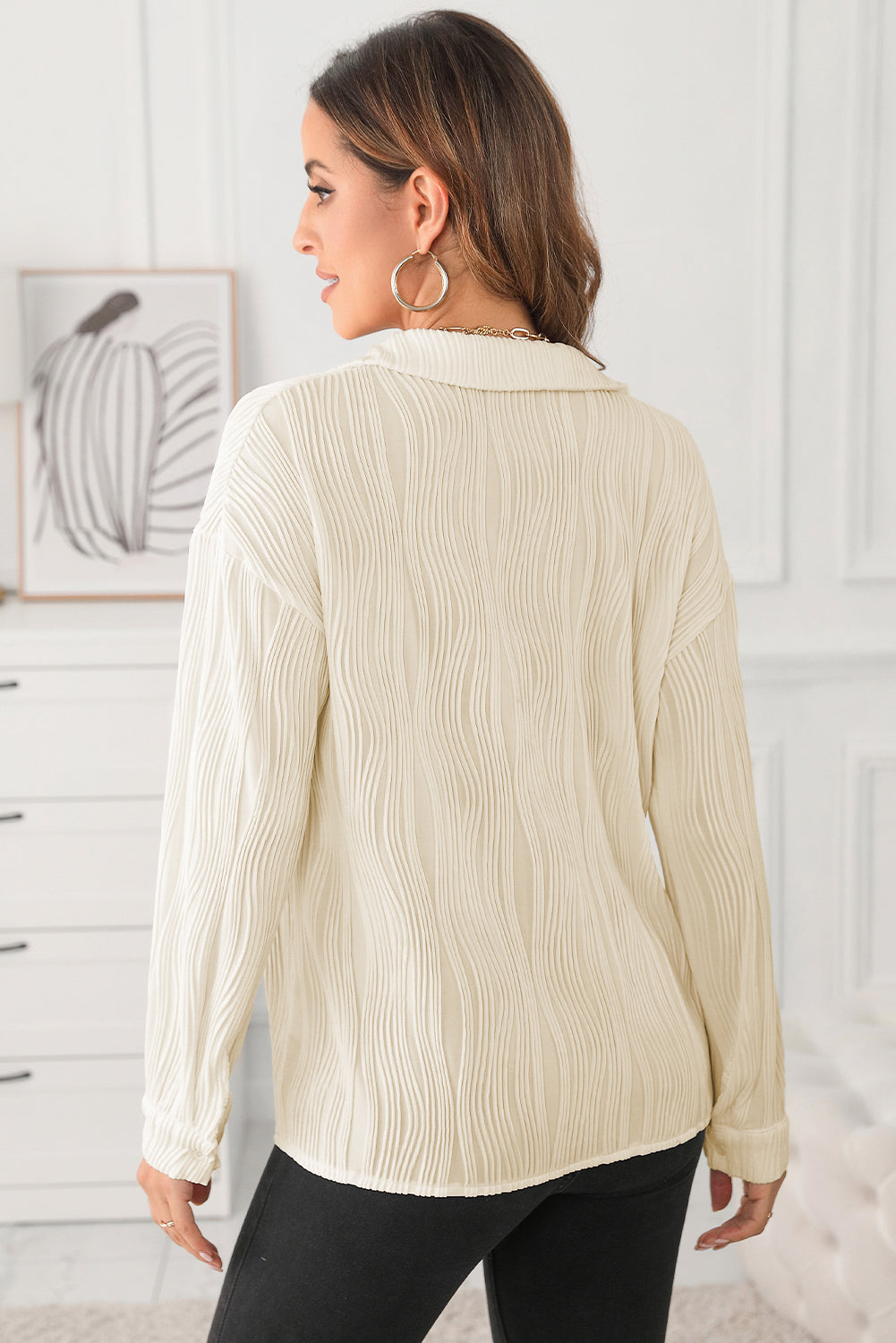 Textured Collared Neck Long Sleeve Shirt Trandify Deal