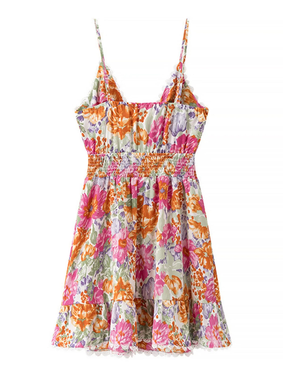 Floral Print Tie-Front Cami Dress with Lace Trim – Women’s Boho Summer Mini Dress