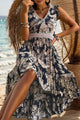 Perfee High-Low Printed V-Neck Cap Sleeve Midi Dress Trandify deal