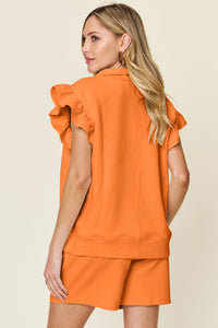 Double Take Full Size Texture Flounce Sleeve Top and Drawstring Shorts Set - Trandify Deal