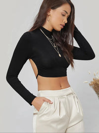 Sexy Backless Long Sleeve Cropped Mock Neck T-Shirt for Women – Trendy Streetwear Top