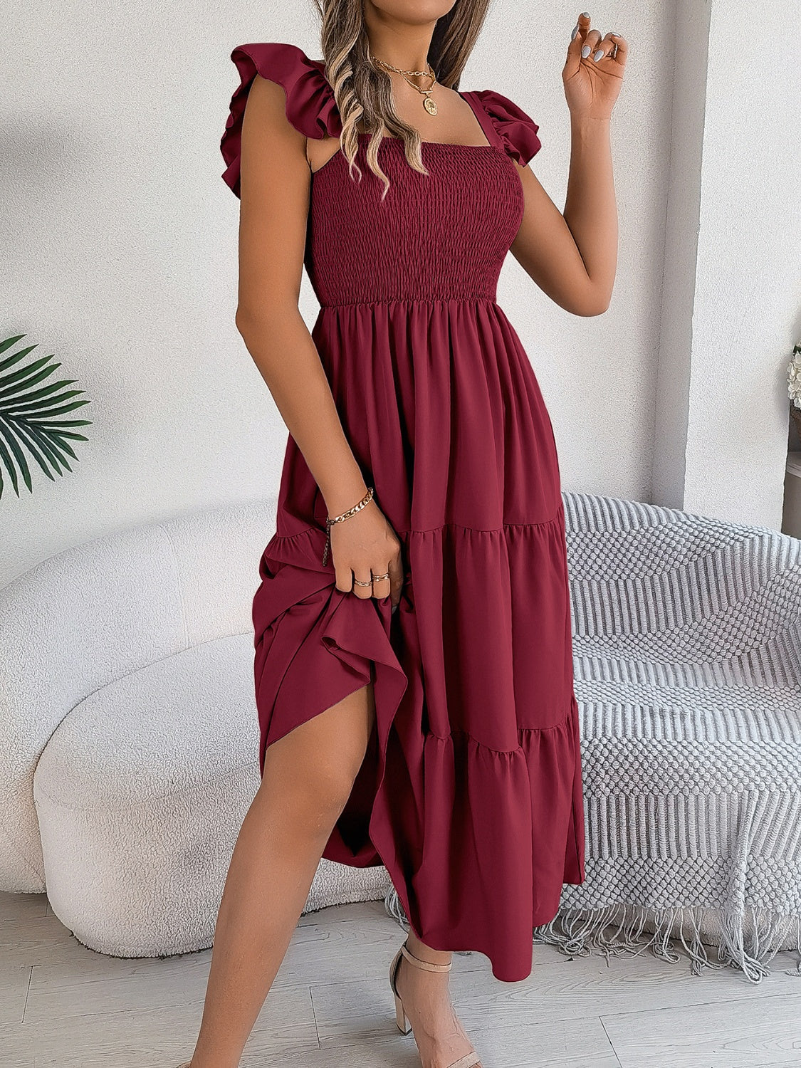 Smocked Square Neck Cap Sleeve Midi Dress Trandify deal