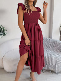 Smocked Square Neck Cap Sleeve Midi Dress Trandify deal
