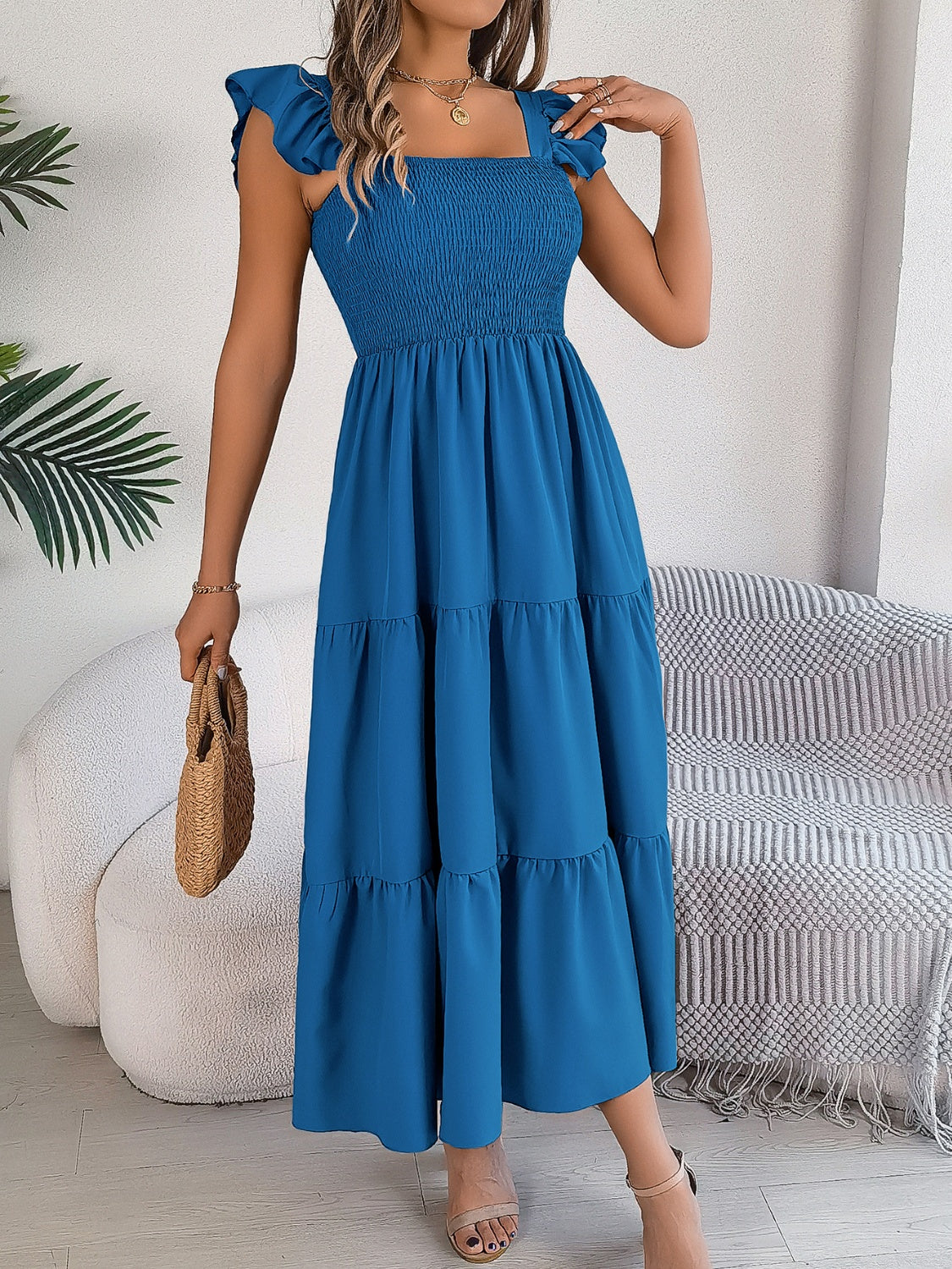 Smocked Square Neck Cap Sleeve Midi Dress Trandify deal