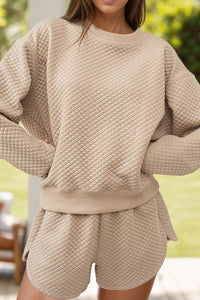 Quilted Round Neck Long Sleeve Top and Shorts Set Trandify deal