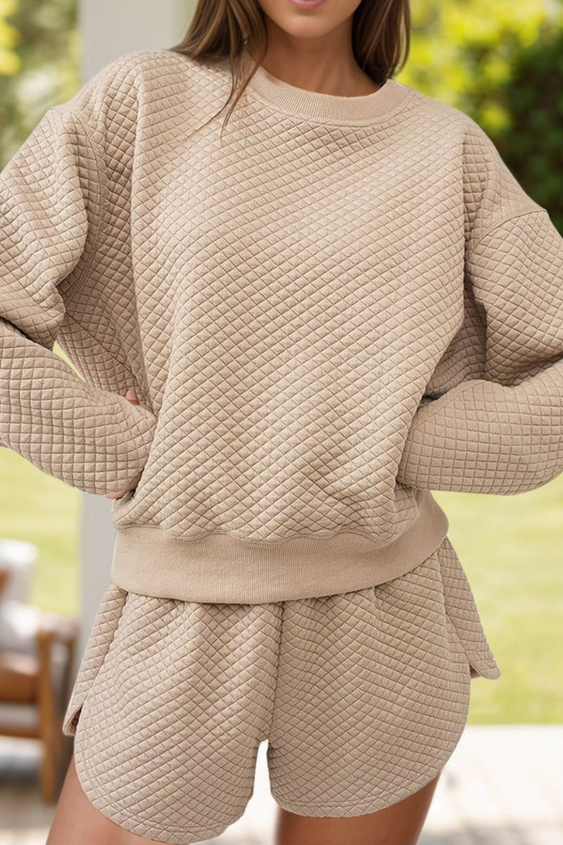 Quilted Round Neck Long Sleeve Top and Shorts Set Trandify deal