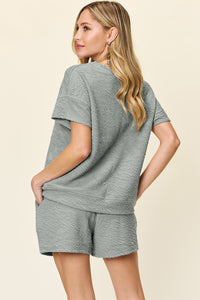 Double Take Full Size Texture Short Sleeve T-Shirt and Drawstring Shorts Set - Trandify Deal