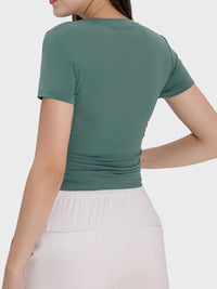 Millennia Ruched Round Neck Short Sleeve Active T-Shirt Trandify deal