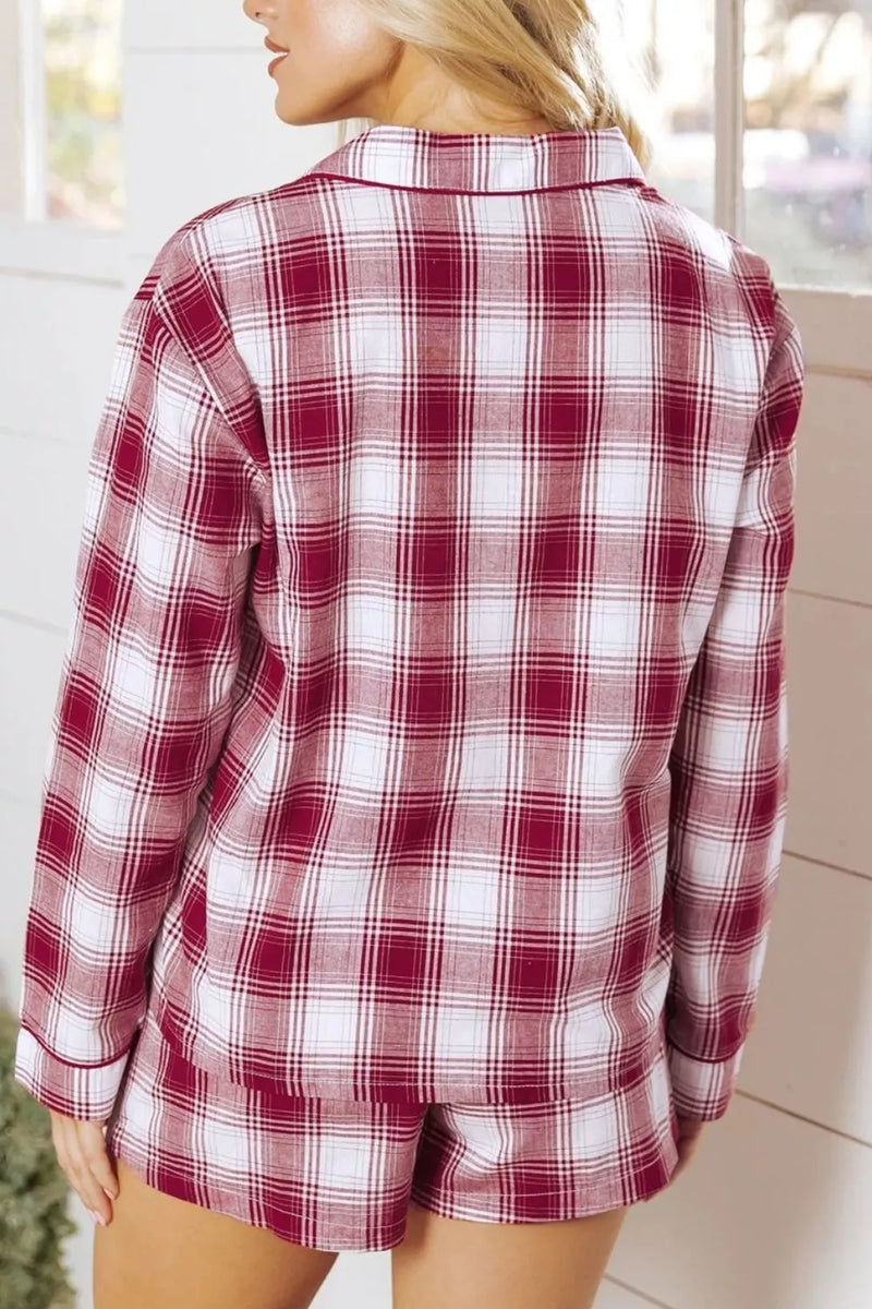 Women's Plaid Loungewear Set | Cotton Button-Down Shirt & Shorts