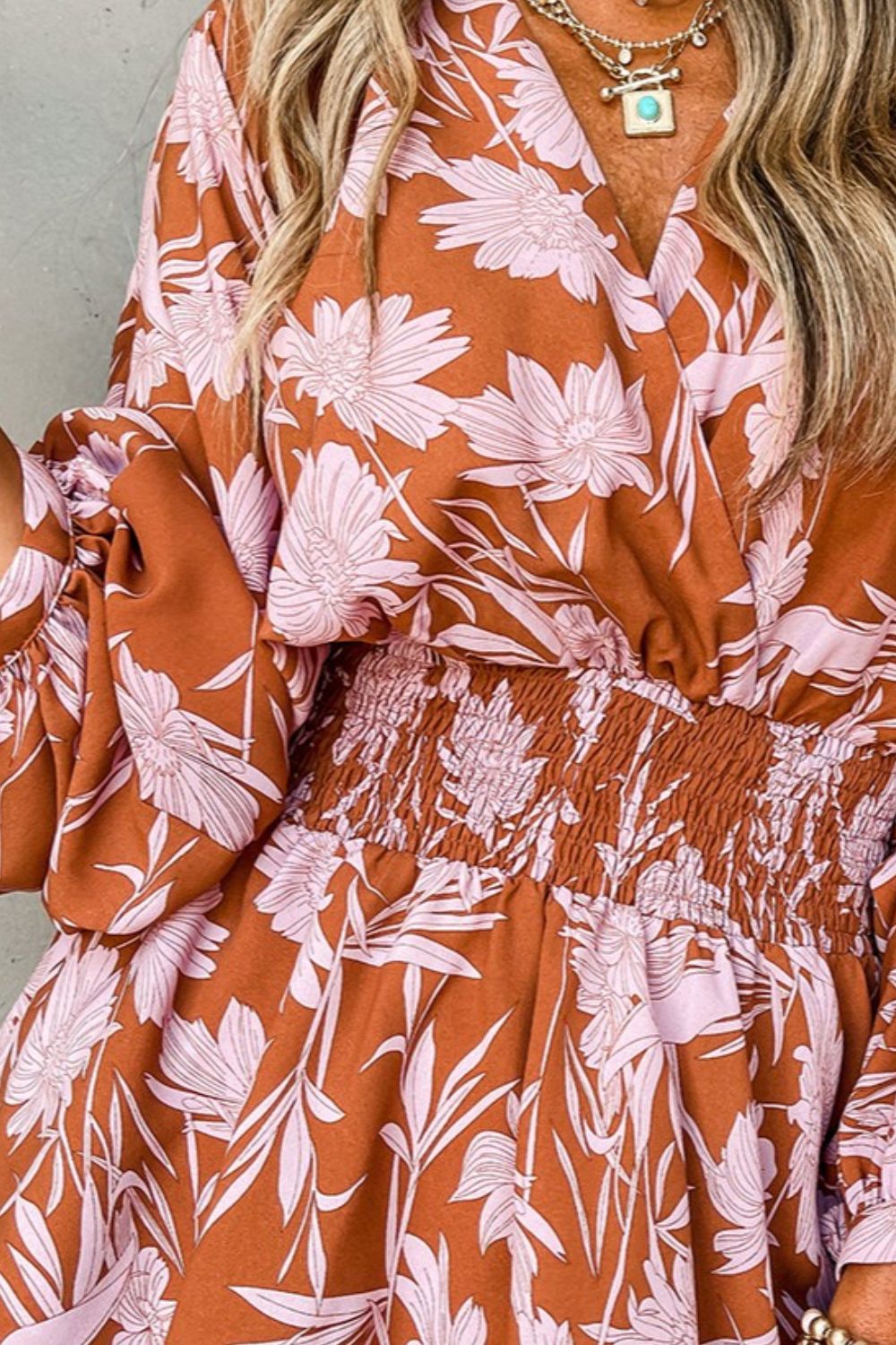 Smocked Printed Long Sleeve Mini Dress Trandify Deal