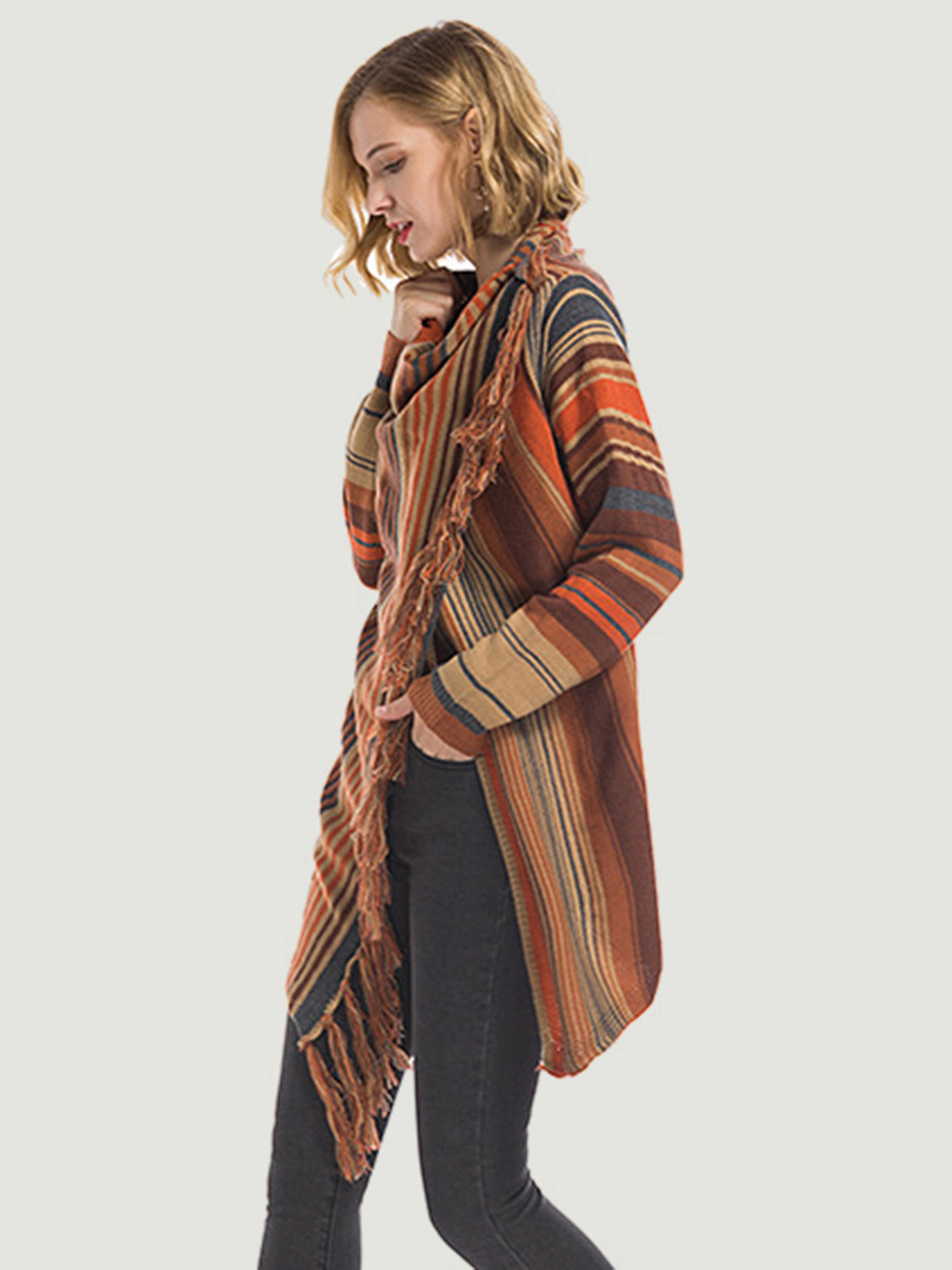Angel Wings Tassel Striped Open Front Long Sleeve Cardigan Trandify Deal