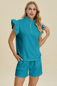 Double Take Texture Flounce Sleeve Top and Shorts Set - Trandify Deal