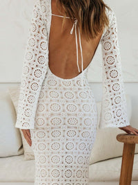 Lace Backless Round Neck Flare Sleeve Dress Trandify Deal