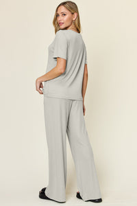 Double Take Full Size Round Neck Short Sleeve T-Shirt and Wide Leg Pants Set Trandify Deal