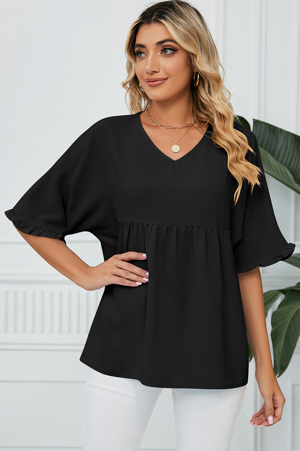 Peplum V-Neck Half Sleeve T-Shirt Trandify deal