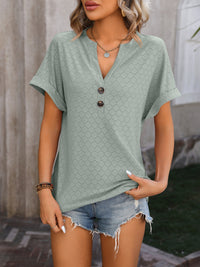 Mandy Eyelet Notched Short Sleeve T-Shirt Trandify deal