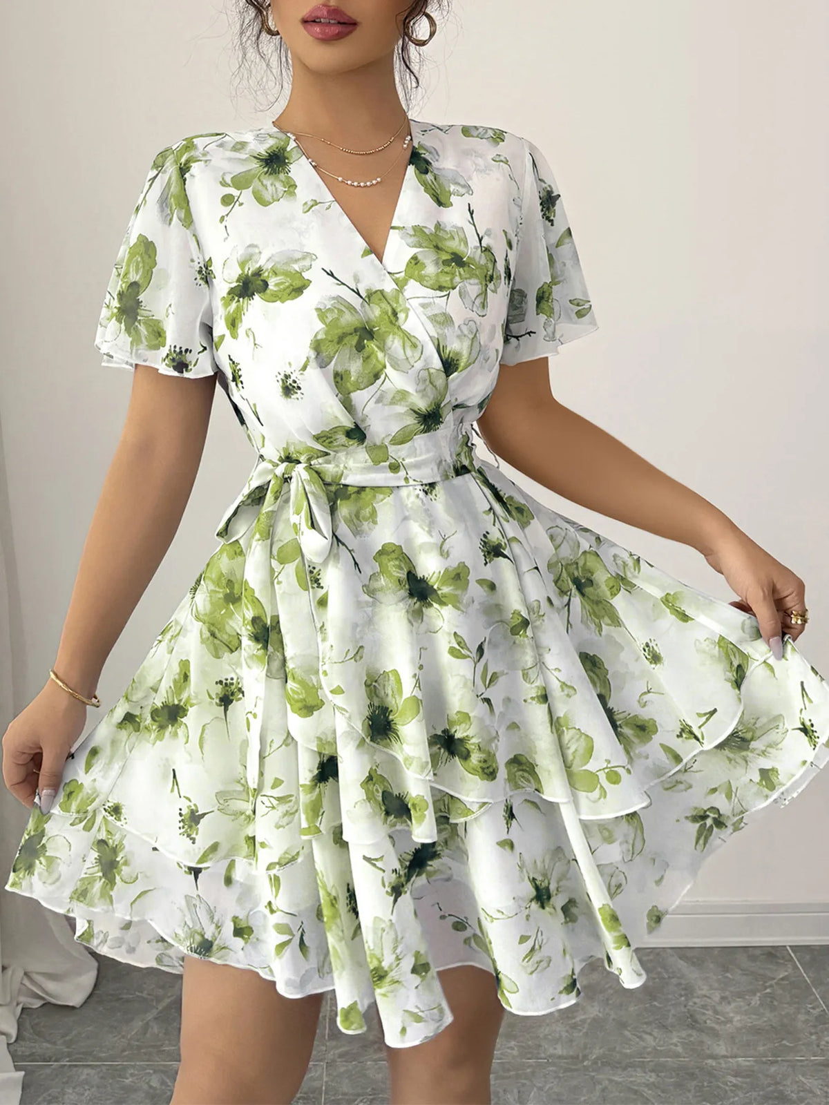 Floral Print Surplice Neck Mini Dress for Women – Boho Layered Ruffled Summer Dress