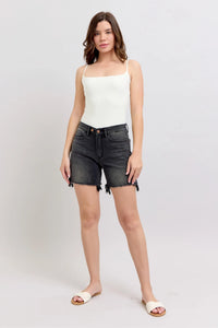 Judy Blue Denim Shorts in blue wash showing the 2-button dad cut off style