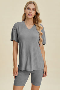 Basic Bae Full Size Ribbed V-Neck Short Sleeve Top and Shorts Set Trandify deal