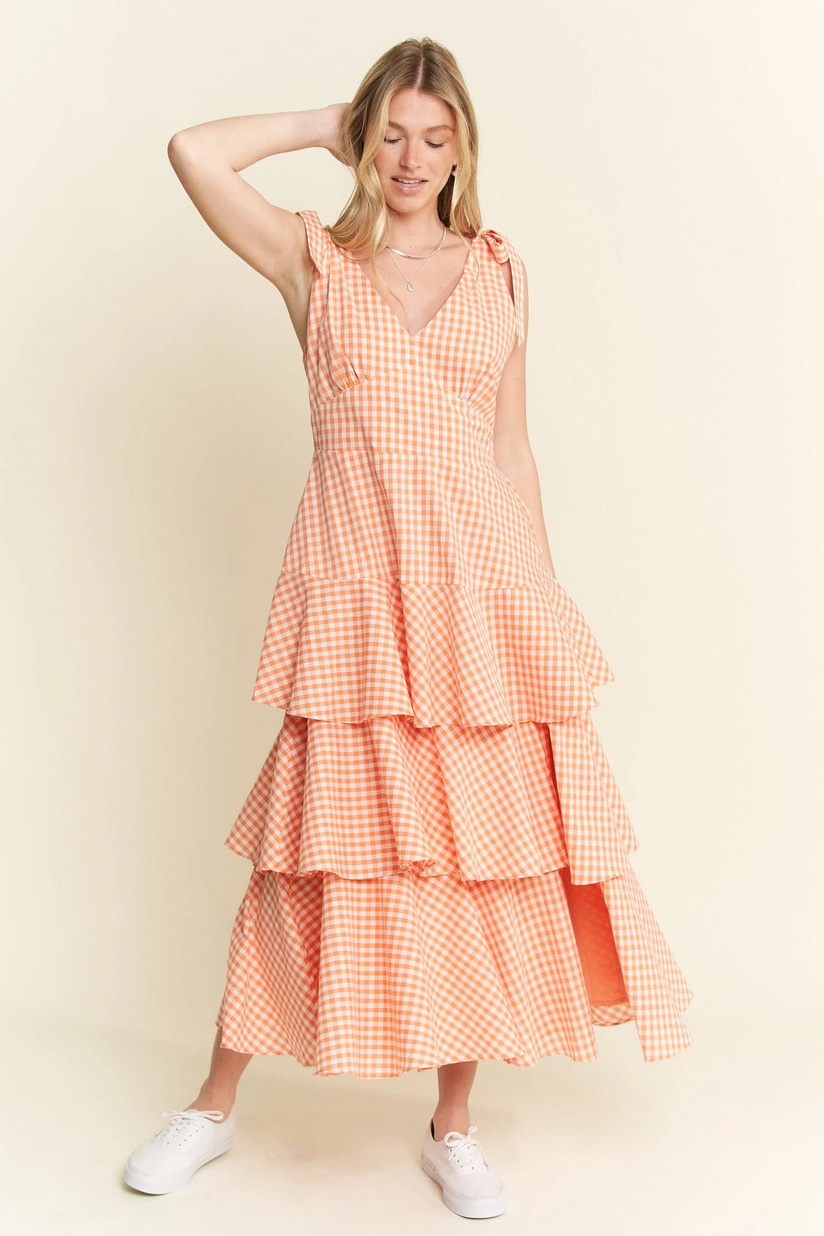 Flowy Checkered Print Dress with Ruffled Skirt – Casual Women’s Fashion