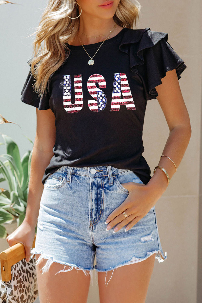 USA Round Neck Flounce Sleeve Top - Trandify Deal