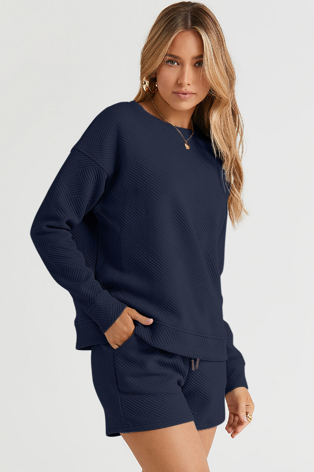 Double Take Full Size Texture Long Sleeve Top and Drawstring Shorts Set Trandify Deal