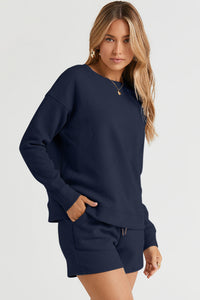 Double Take Full Size Texture Long Sleeve Top and Drawstring Shorts Set Trandify Deal