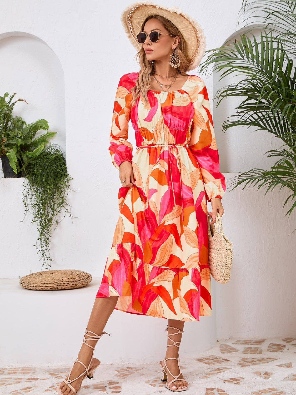 Printed Long Sleeve Midi Dress Trandify Deal