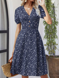 Printed V-Neck Short Sleeve Dress Trandify deal