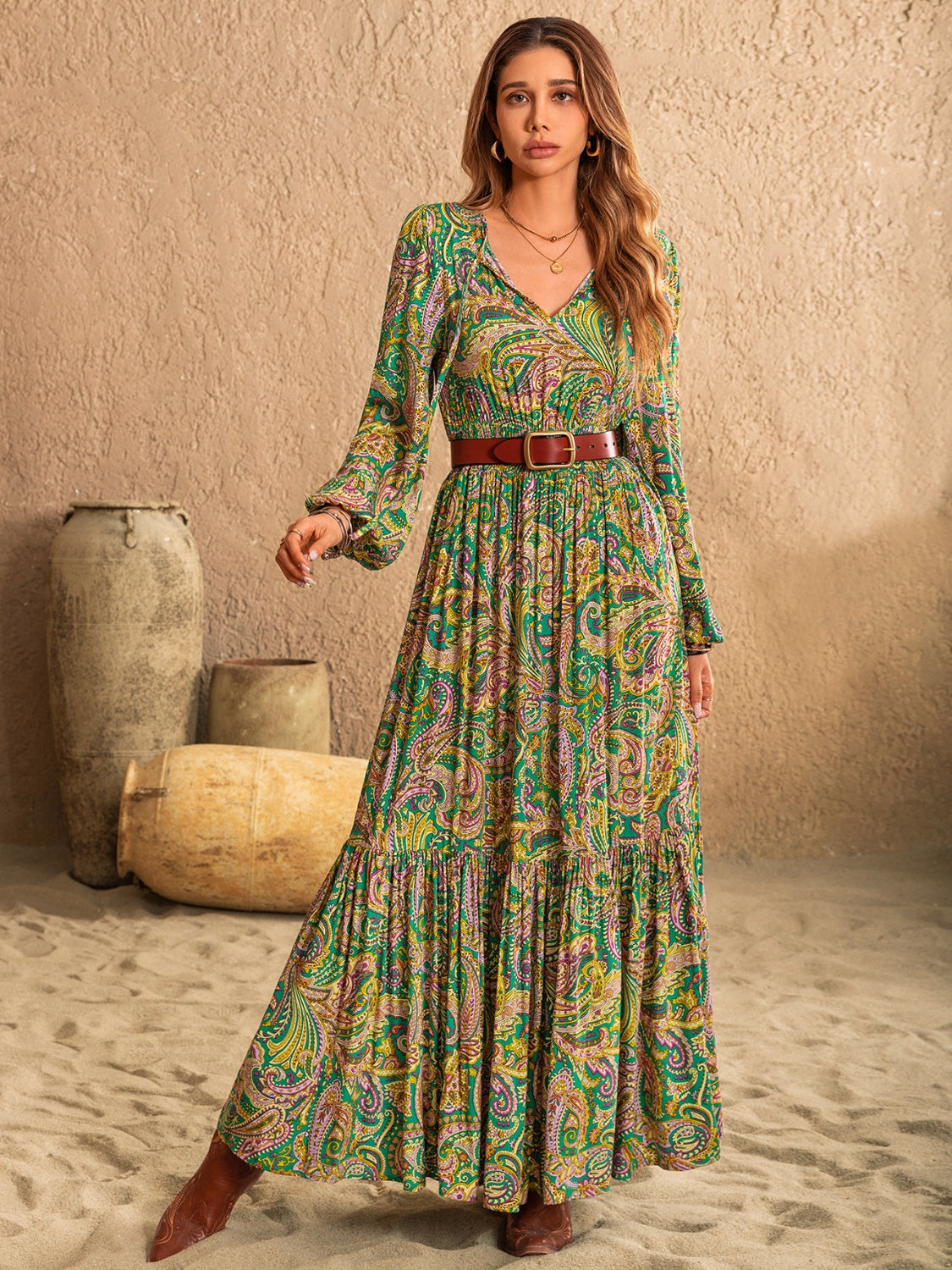 Printed Tie Neck Long Sleeve Dress Trandify Deal