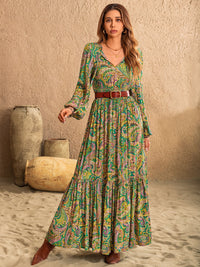 Printed Tie Neck Long Sleeve Dress Trandify Deal