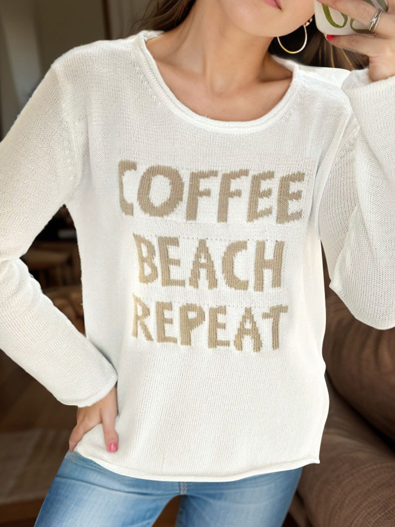 Letter Graphic Round Neck Long Sleeve Sweater - Trandify Deal
