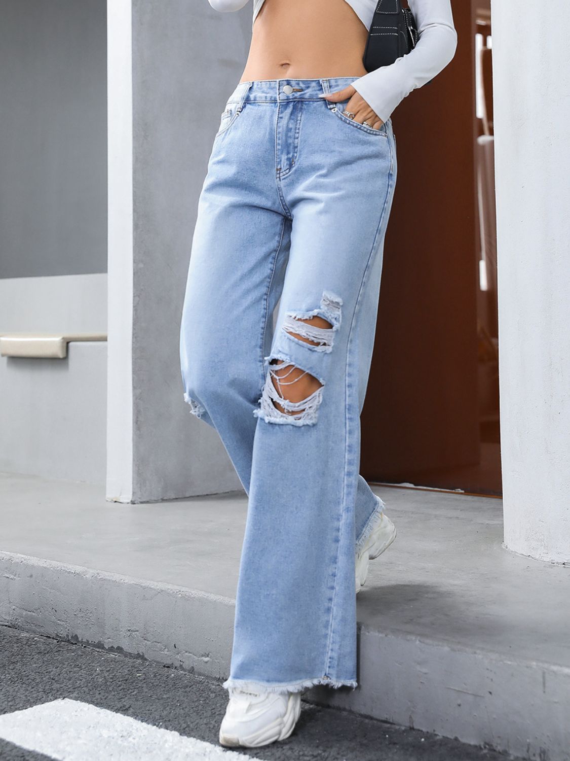 Women’s Distressed Raw Hem Wide Leg Jeans – Trendy High Waisted Denim | Trandify Deal