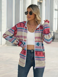 Geometric Zip Up Long Sleeve Hooded Jacket Trandify Deal