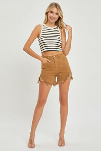 RISEN High Waist Frayed Hem Denim Shorts Trandify deal