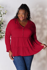 Double Take Half Button Long Sleeve Ruffle Hem Blouse Trandify Deal