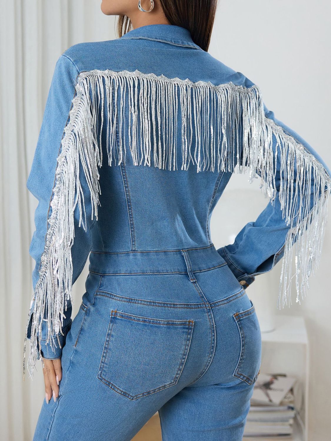 Fringe Half Button Long Sleeve Denim Jumpsuit Trandify Deal